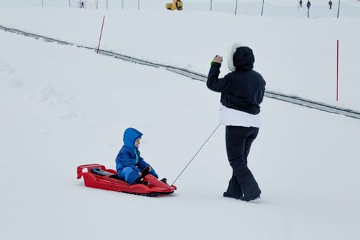 Mom and baby enjoy a sleigh ride. Sledding for children. Child riding a sleigh. Children play outdoors in the snow. Outdoor fun for family Christmas holidays.