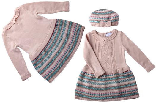 Clothes for children. A beautiful pink baby girl dress with hat and long sleeves isolated on a white background. Kids autumn and spring fashion.Colorful pattern.