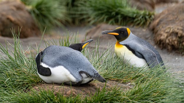 Pair of 2 King Penguins (APTENODYTES PATAGONICUS) on South Georgia interacting with each other