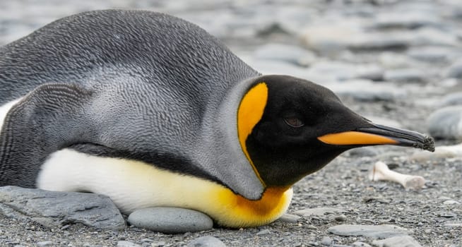 single king penguin (APTENODYTES PATAGONICUS) lies sleeping or resting on the beach of South Georgia