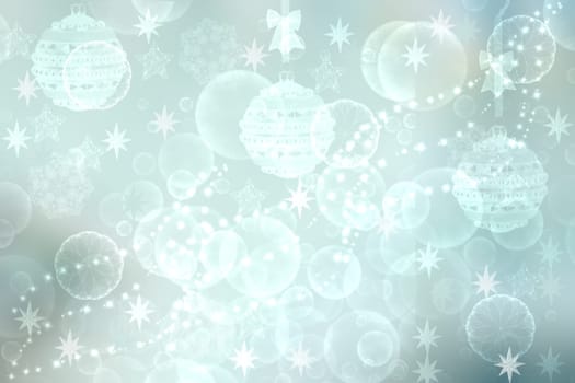 Abstract blurred festive delicate winter christmas or Happy New Year background texture with shiny light turquoise blue and bright bokeh lighted stars and snowflakes. Card concept.