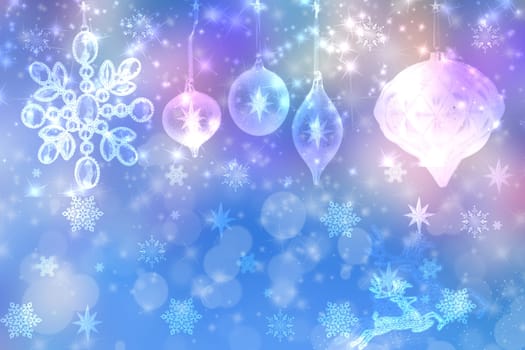 Abstract blurred festive winter christmas or Happy New Year background with shiny pink and blue bokeh lighted xmas balls and stars. Space for your design. Card concept.