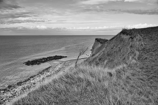 Hundested, Denmark on the cliff overlooking the sea taken in black and white. Baltic Sea coast, grassy meadow, beach. Clouds on horizon. Landscape photo from Scandinavia.