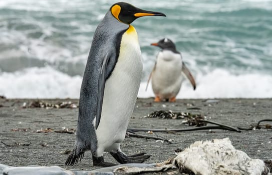 Pair of 2 King Penguins (APTENODYTES PATAGONICUS) on South Georgia interacting with each other