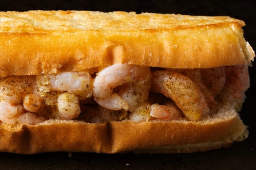 close up of rustic american shrimp seafood roll