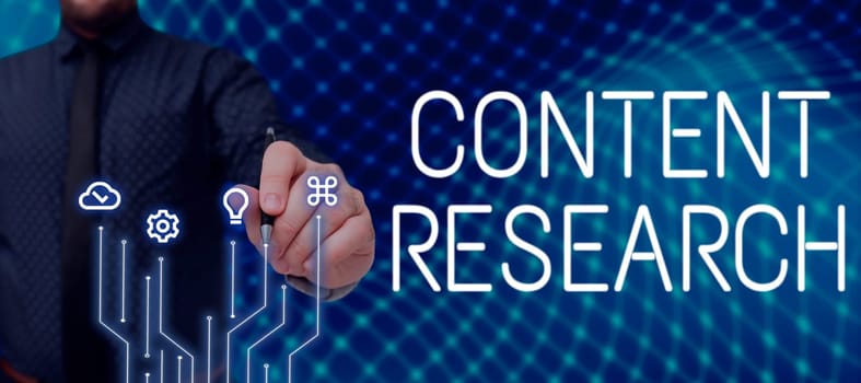 Conceptual caption Content Research, Word Written on method for studying documents and communication artifacts