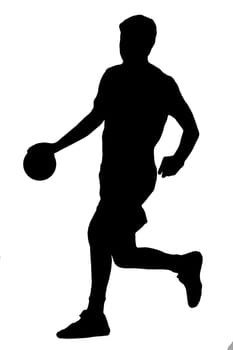 Handball player as silhouette isolated on white while throwing a ball