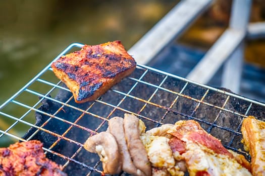 Burning meat on the grill cookout steak