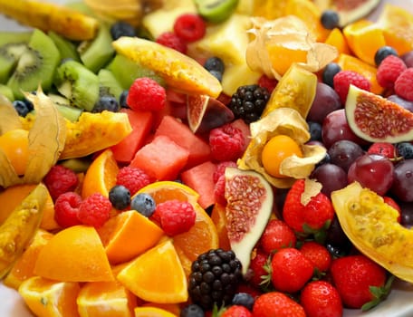 A fruit salad made from many different exotic fruits.