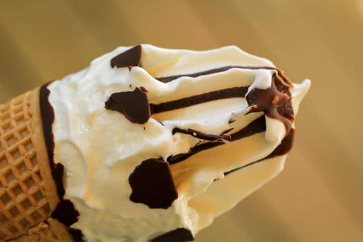 Close up of an ice cream cone, a waffle ice cream cone.