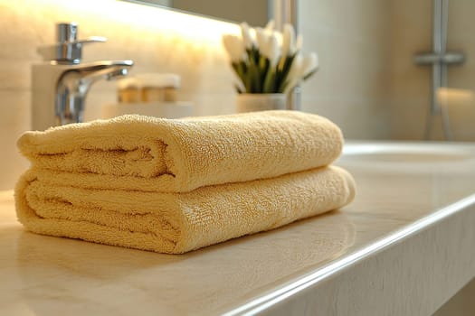 Stack of yellow terry towels on bathroom countertop in evening light. Modern light bathroom interior.
