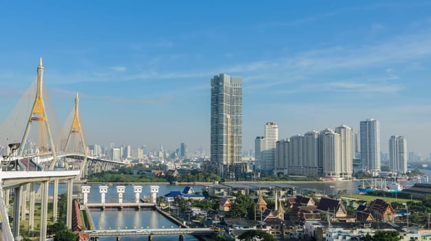 Aerial view of Bangkok city with Chao Phraya river in Thailand