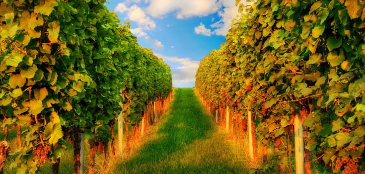 Two rows of grapevine on a hill in warm evening sunlight leading to the blue sky