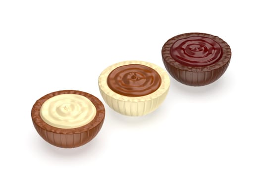 White, dark and milk chocolate candies with different fillings inside
