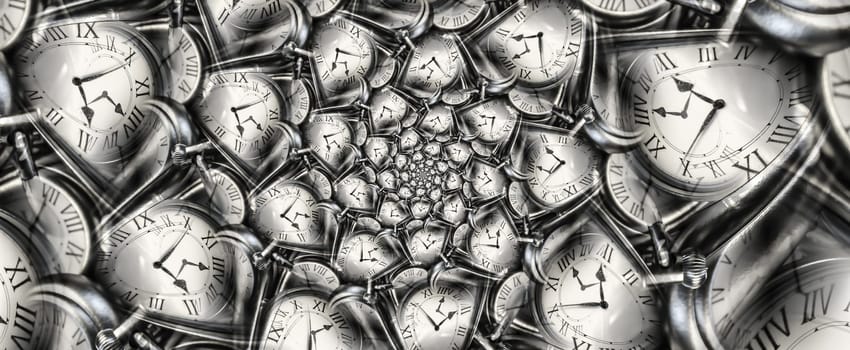 Droste effect background with infinite clock spiral. Abstract design for concepts related to time and deadline.