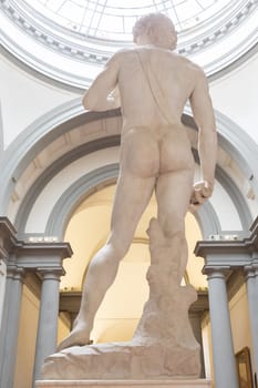 Florence, Italy - Circa August 2021: David sculpture by Michelangelo Buonarroti. The masterpiece of the Renaissance art.