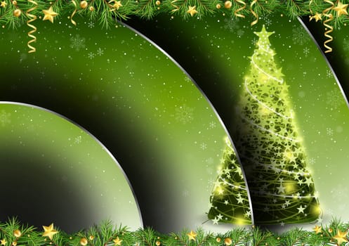 Green Abstract Christmas Motif with the Effect of Cascading Three-dimensional Shadows and a Christmas Tree - Original Holiday Illustration