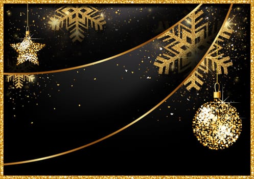 Abstract Black Christmas Motif with Gold Decorations and Three-dimensional Shadow Effects - Original Colorful Illustration