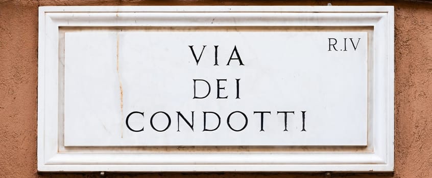 Rome, Italy. Street plate of the famous Condotti Road - Via dei Condotti - center of the Roman luxury shopping