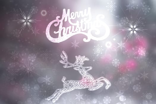 Merry Christmas card. Abstract festive natural light pink blue white winter christmas background texture with snowflakes, stars and a bokeh stag. Beautiful card design.