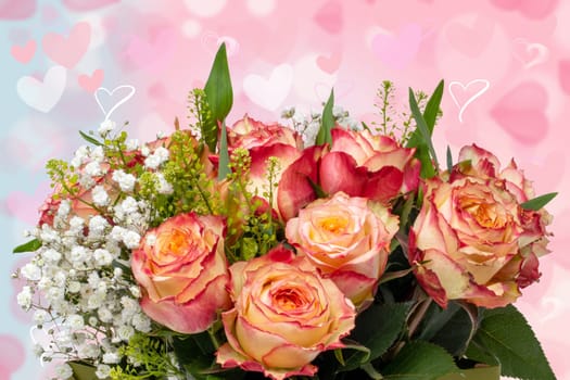 Valentines or mothers day card template. Abstract delicate romantic illustrated pink gradient blue background texture with pink and white bokeh hearts. Beautiful backdrop.