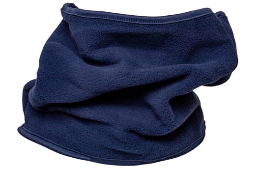 Closeup of a blue mens neck warmer Scarf or winter ski neck sleeve isolated on a white background. Clipping path. Face scarf woman or fleece mask. Macro.