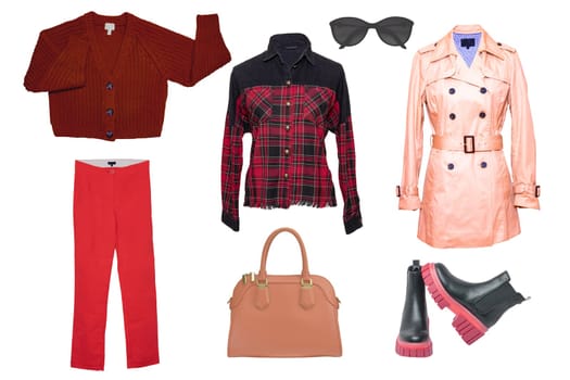 Collage woman clothes. Set of a stylish and trendy women coat, a blouse, chelsea boots, a handbag, pants, a cardigan and other accessories isolated on a white background. Fashion trends.