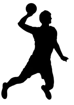 Handball player as silhouette isolated on white while throwing a ball
