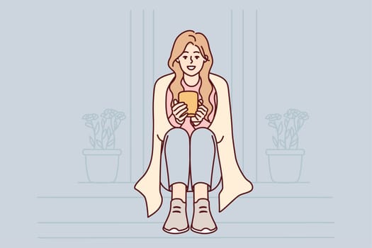 Happy woman sit on stairs at home drinking warm coffee. Smiling girl enjoy outside with tea in morning. Vector illustration.
