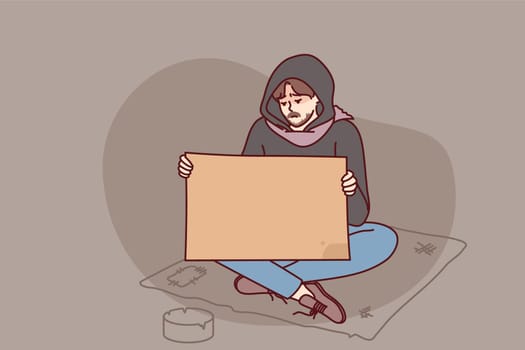 Poor man begging on street holding mockup board or paper. Unhappy male beggar suffer from poverty with placard in hands. Vector illustration.