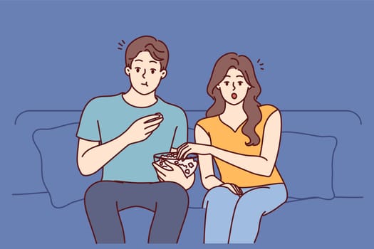 Couple watching movie eating popcorn at home. Young man and woman relax together enjoying film on weekend. Vector illustration.