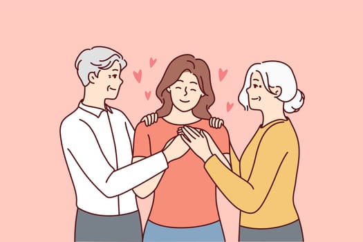 Happy elderly couple hugging grownup girl child showing love and care. Smiling old parents embrace cuddle adult woman. Family reunion. Vector illustration.