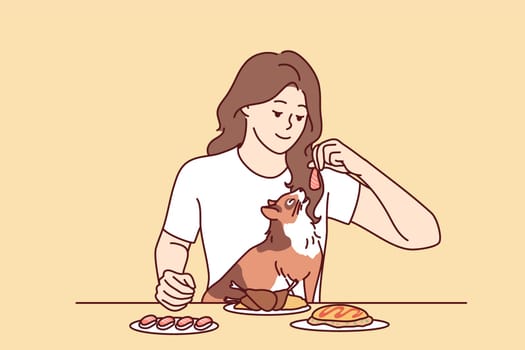 Smiling young woman feeding cat with food from table. Happy girl give tasty meal to cute kitten eating together at home. Vector illustration.