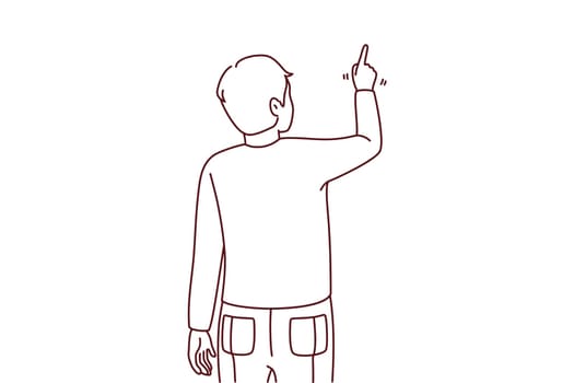Back view of man pointing at wall with finger. Guy showing with finger on blank space. Vector illustration.