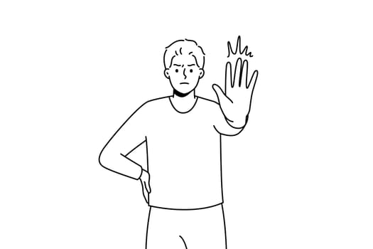 Decisive young man show no hand gesture. Serious male demonstrate stop sign. Nonverbal communication and body language. Vector illustration.