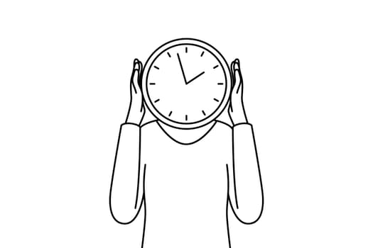Person with clock instead of head. Man or woman with watch worried about missed deadline. Time management. Vector illustration.