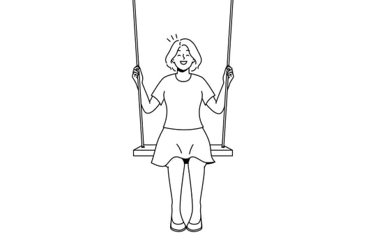 Smiling young woman sit on swing in clouds dreaming. Happy girl swaying on tilt in sky. Dreamer and visualization. Vector illustration.