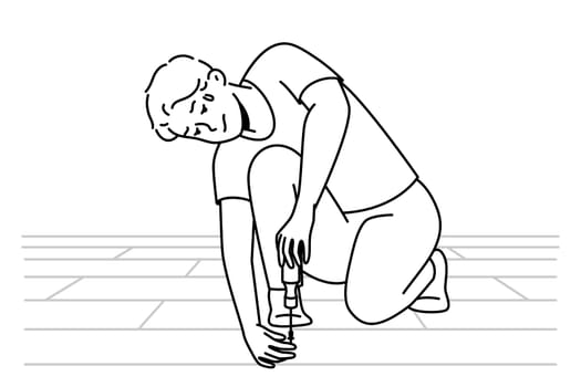 Young man with screwdriver repairing floor indoors. Exhausted male put tiles or parquet at home. Renovation and repair. Vector illustration.
