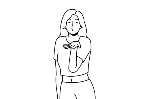 Happy young woman make hand gesture send air kisses. Smiling girl share love and affection. Romance and relationship. Vector illustration.
