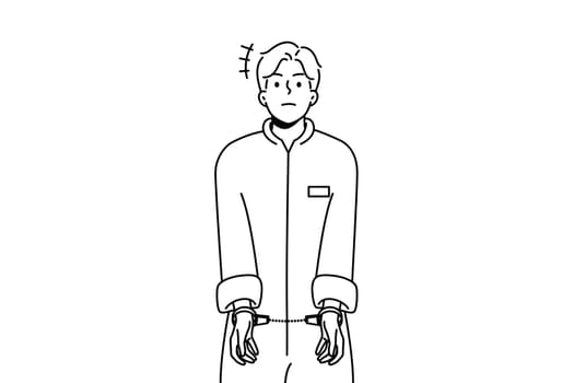 Male prisoner in robe wearing handcuffs. Unhappy man convict in uniform imprisoned. Imprisonment and jail concept. Vector illustration.