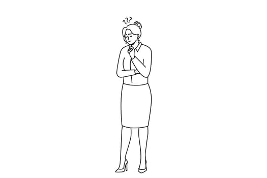 Confused businesswoman near huge arrows facing different directions make choice or decision. Frustrated woman employee think consider idea. Vector illustration.