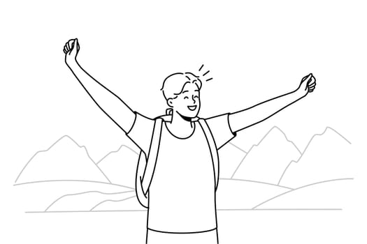 Happy young man with backpack stand on mountain peak with arms raised. Smiling guy feel excited with travel or nature tourism. Vector illustration.