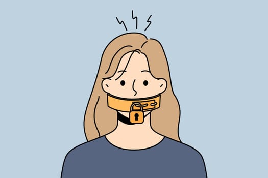 Unhappy young woman with lock on mouth suffer from censorship and communication ban. Stressed female restricted from talking and opinion. Vector illustration.