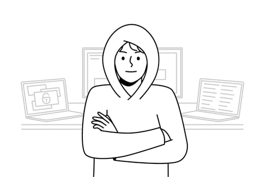 Young man in hood standing near computers hacking internal operations system. Suspicious male hacker near laptops and gadgets. Device security. Vector illustration.