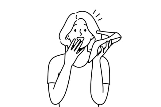 Smiling young woman talk on heel hear shocked unbelievable news. Happy girl speak on hoe as on phone surprised with unexpected message. Vector illustration.