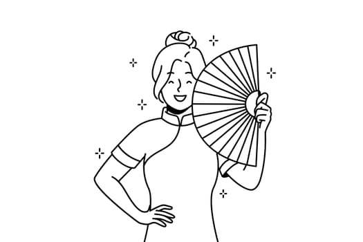 Smiling young Asian woman in traditional dress with hand fan. Happy ethnic girl posing in cultural clothing. Culture and ethnicity. Vector illustration.