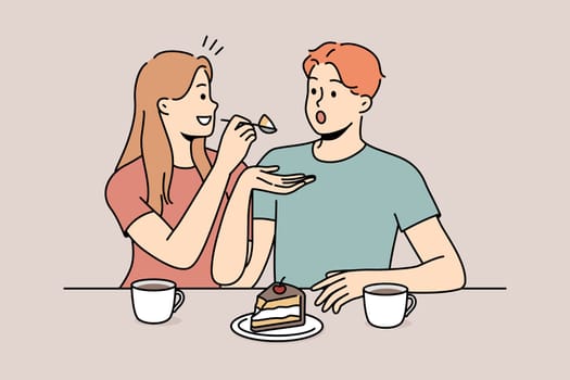 Happy couple eating cake together. Smiling woman feed man delicious dessert drinking tea. Vector illustration.