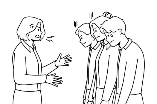 Furious businesswoman scream and scold stressed employees at workplace. Angry authoritarian female boss shout and lecture unhappy workers. Vector illustration.
