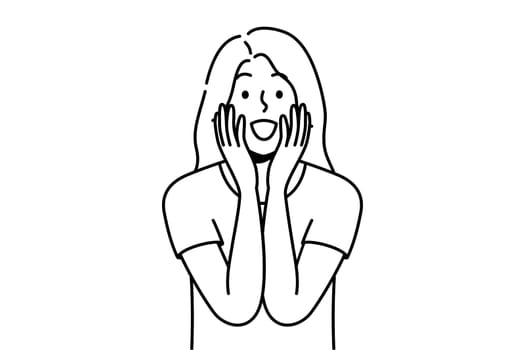 Happy young woman feel excited with good unbelievable news. Smiling girl surprised with unexpected message or notification. Vector illustration.
