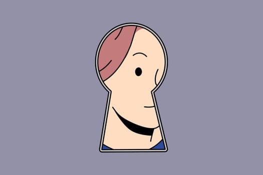 Woman peep in keyhole looking for secret or hidden information. Curious suspicious female interested in secrecy or gossips. Vector illustration.